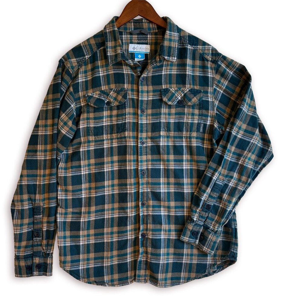 Columbia Men's Plaid Flannel Button-Down Shirt Green/Tan Medium Outdoors